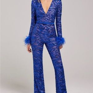 Nadine Merabi Tia Blue Jumpsuit Size S/M Feather Jumpsuit Feather Dress Sequins